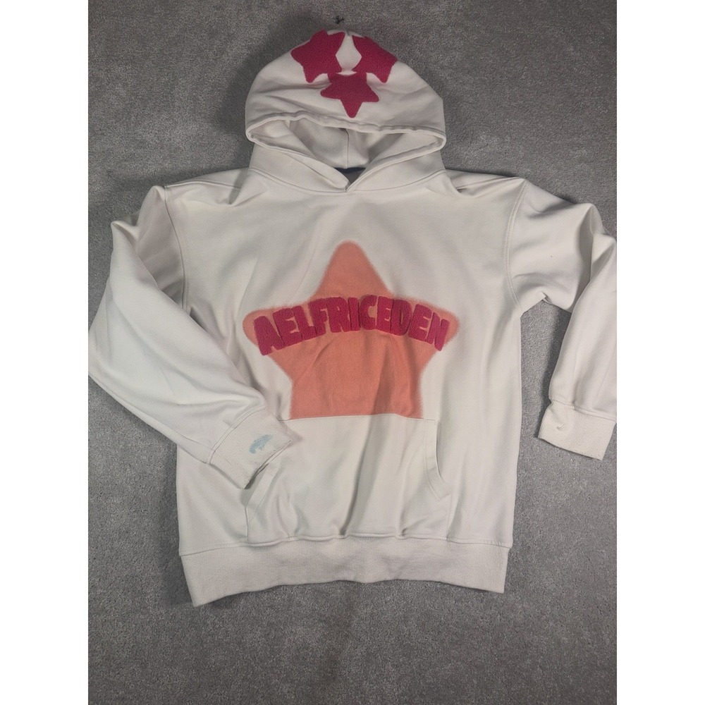 Eelfric Eden Women's Small Star Graphic Pullover Hoodie Cream Pink Chenille Y2K*
